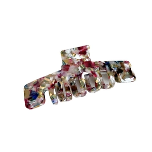 Elegant large acetate hair claw clip with colorful abstract mosaic pattern and metal spring