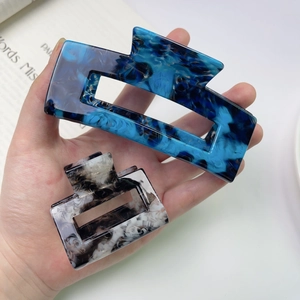 Blue marble and black ink acetate square hair claws set for elegant hair styling