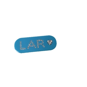 Blue acetate hair clip featuring rhinestone LAR letters and a heart shape for women