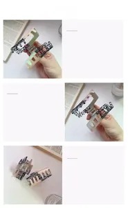Detailed view of square acetate hair claws with leopard and macaron patchwork designs