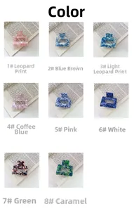Collage of eight stylish acetate claw clips in marble and leopard patterns