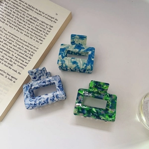 French chic acetate hollow square hair claw clips in blue and marble patterns