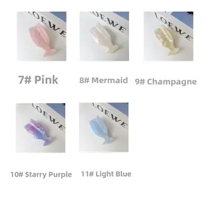 Detail showing five colors of pearlescent wine glass hair claws in pink, blue, and purple