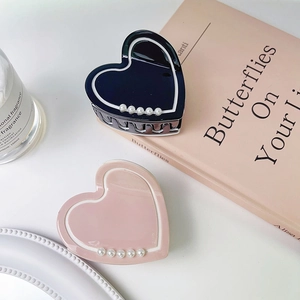 Eleganti mollette per capelli a forma di cuore con perle nere e rosa per donne