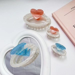 Elegant pearl white acetate hair claw set with orange heart and blue diamond rhinestone