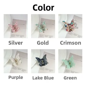 Detailed grid of six small butterfly hair claws with colorful marble and floral acetate textures