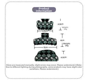 Detailed size specifications for checkerboard hair claws with pearls and green pattern