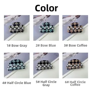 Detailed views of checkered hair claws with elegant pearls and classic bow designs