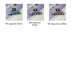 Detail showing square checkered hair claws in blue, grey, and coffee with pearls