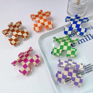 Pince à Cheveux Puzzle Damier en Acétate Vintage Français Clip Requin Géométrique Mode pour Accessoires de Coiffure Femme