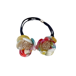 Elegant double-layered flower hair tie with multi-color petals and sparkling crystals