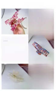 Detailed views of acetate hair claws in butterfly and geometric shapes with marble finish
