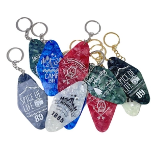 Creative rhombic acrylic hotel key tags with vintage outdoor adventure illustrations