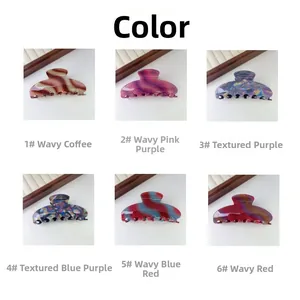 Color chart showing 6 textured acetate claw clips in various marbled wave patterns