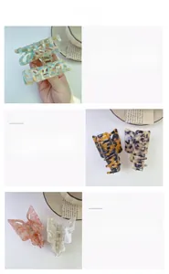 Detail showing various acetate hair claws in butterfly and rectangle shapes with textures