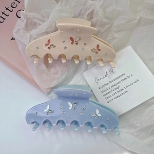 Elegant Morandi rhinestone butterfly hair claw clips in beige and light blue colors
