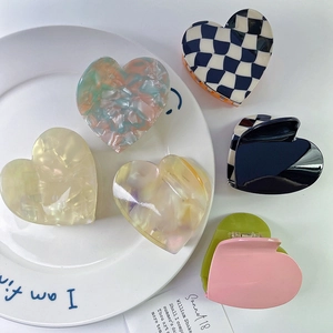Heart Shaped Acetate Hair Claw Clips Fashion Checkerboard Marble Pattern Hair Clips Handmade Shark Clips Hair Accessories For Women