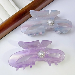 Bow-shaped acetate hair claw clips with pearls and rhinestones for women hair styling