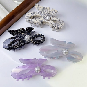 Acetate Butterfly Bow Knot Hair Claw Clip Elegant Faux Artificial Pearl Rhinestone Marble Texture Hair Accessories For Women Jewelry