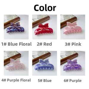 Detail showing bow-shaped hair claws in six colors including floral and solid resin patterns