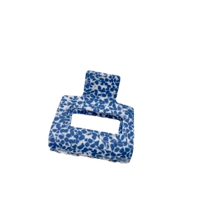 Minimalist square hollow hair claw clip with vintage blue and white speckled acetate pattern