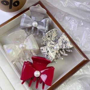 Elegant Acetate Bow Hair Claw Clip With Imitation Artificial Pearl Marble Pattern Bowknot Hairclip For Women Fashion Hair Accessories