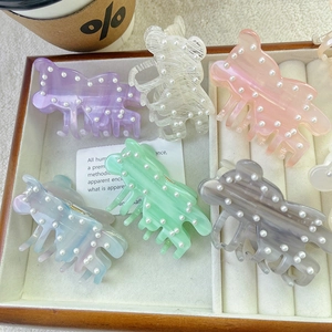 Acetate Bear Shaped Hair Claw Clip With Artificial Pearl Elegant Marble Shark Clip Fashion Hair Jewelry Gift For Women