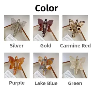 Detail showing six acetate butterfly hair claw clips in various marbled and tortoiseshell colors