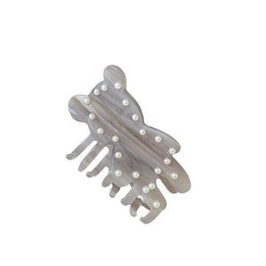 Grey marble acetate bear hair claw clip with white pearls for elegant ponytail styling