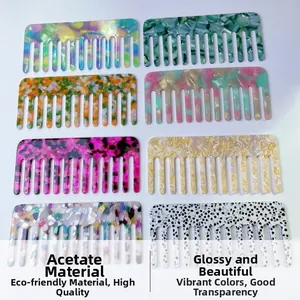 Macro detail of eight colorful acetate wide-tooth hair combs in marble and tortoiseshell