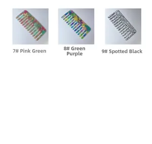 Detail of square acetate wide tooth hair combs in pink-green, mixed purple, and spotted black