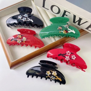 Pince à Cheveux Crabe en Acétate Fleur de Prunier Fait à la Main Élégant Strass Bouquet Accessoires de Cheveux pour Femmes