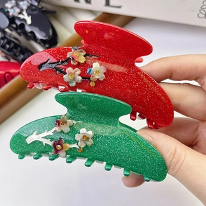 Pinces à cheveux élégantes en acétate rouge et vert avec paillettes et cristaux