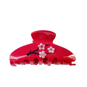 Pince à cheveux élégante en acétate rouge rose avec fleurs de prunier et strass brillants
