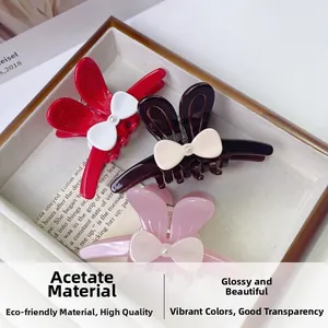 Trois pinces à cheveux oreilles de lapin en acétate rouge, marron et rose avec perles