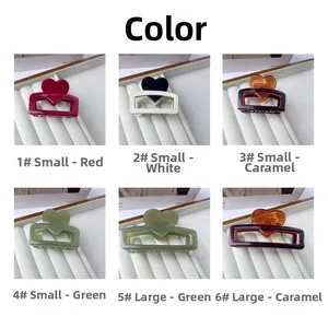 Detailed comparison of heart-shaped acetate hair claws in various sizes and colors