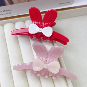 Pinces à cheveux oreilles de lapin avec nœud et perle en rouge foncé et rose violet