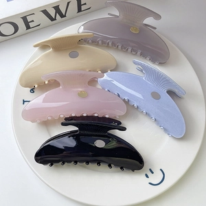 Vintage Scalloped Cellulose Acetate Hair Claw Clip With Gold Decor French Style Shark Clip Hairpin For Women Daily Accessory