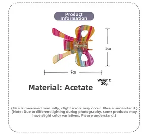 Detailed view of rainbow acetate bow hair claw clip with size 7cm x 5cm and weight 20g