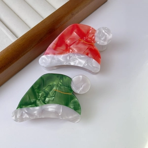 Pince à Cheveux Fait Main Bonnet de Père Noël Acétate Motif Marbre Mignon Rouge Vert Accessoires de Coiffure pour Femmes