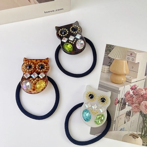 Set di 3 elastici per capelli a forma di gufo in acetato con strass in tartaruga e perla