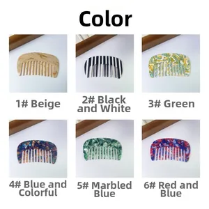Detailed view of six different acetate wide-tooth hair combs in various marble and floral patterns