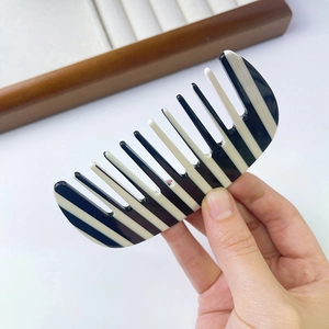 Retro black and white striped acetate wide-tooth comb for curly hair and massage
