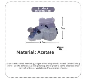 Detailed size chart of koala-shaped acetate hair claw clip with marble pattern