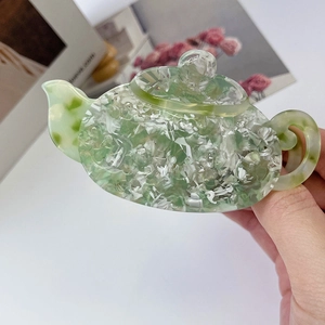 French vintage acetate teapot hair claw clip with elegant green marble floral pattern