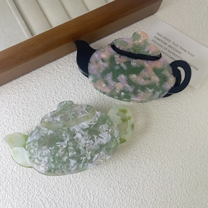 French Style Creative Teapot Shaped Hair Claw Acetate Marble Pattern Shark Clip Elegant Vintage Hair Accessories For Women Jewelry