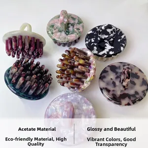 Various acetate scalp massage brushes with diverse patterns and easy-grip ring handles