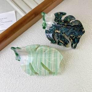 Pinces à cheveux en acide acétique motif feuille de lotus et ginkgo vert marbré