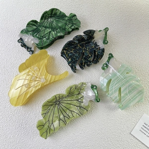Lot de pinces à cheveux chic en acétate avec motifs de feuilles de lotus vertes