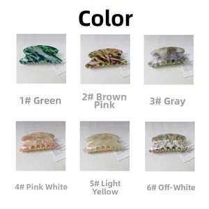 Collage showing six tortoiseshell marble acetate claw clips in various elegant colors